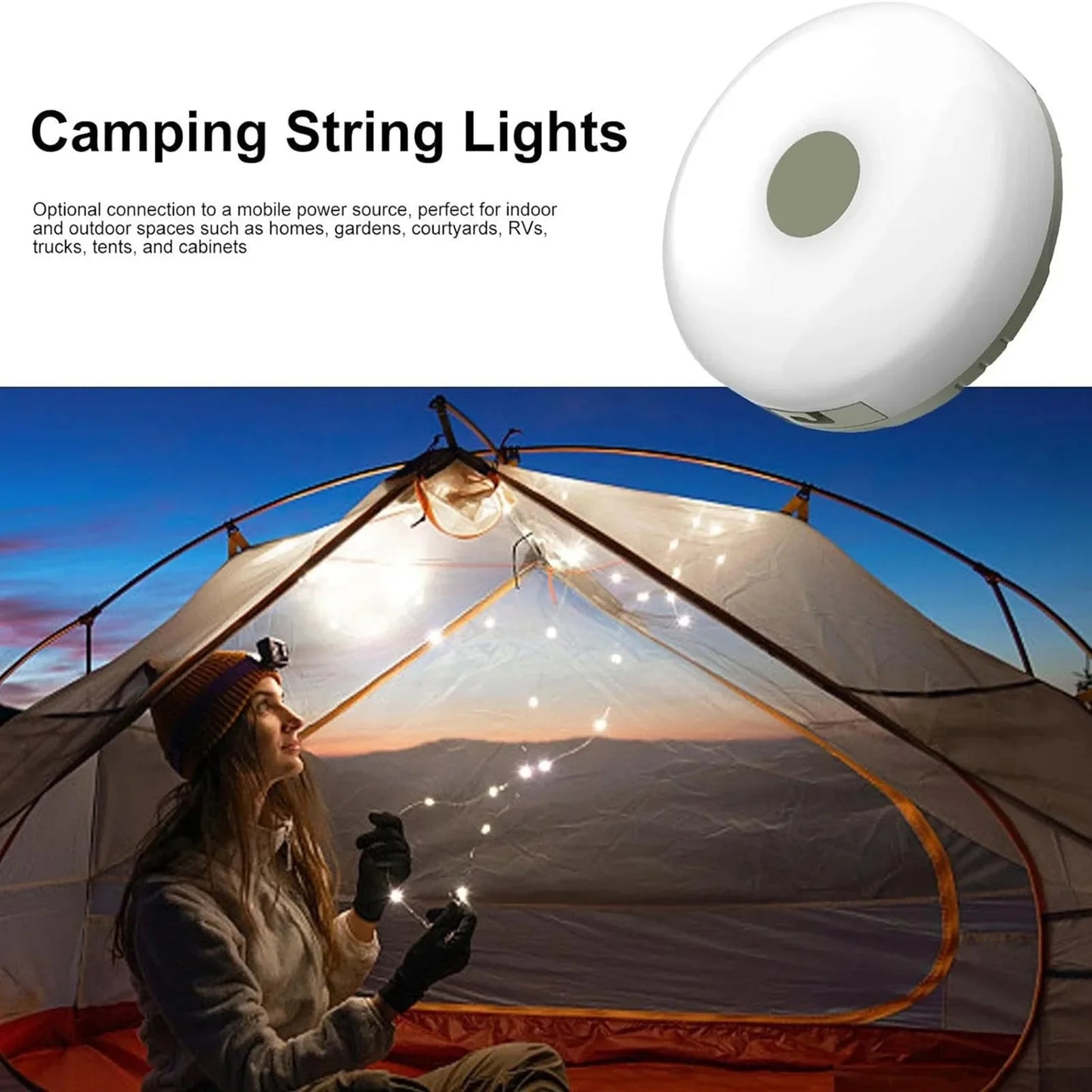 Camping String Lights 2 In1 Outdoor Waterproof Portable Stowable String Light with Lighting Modes USB Camping Lights for Hiking