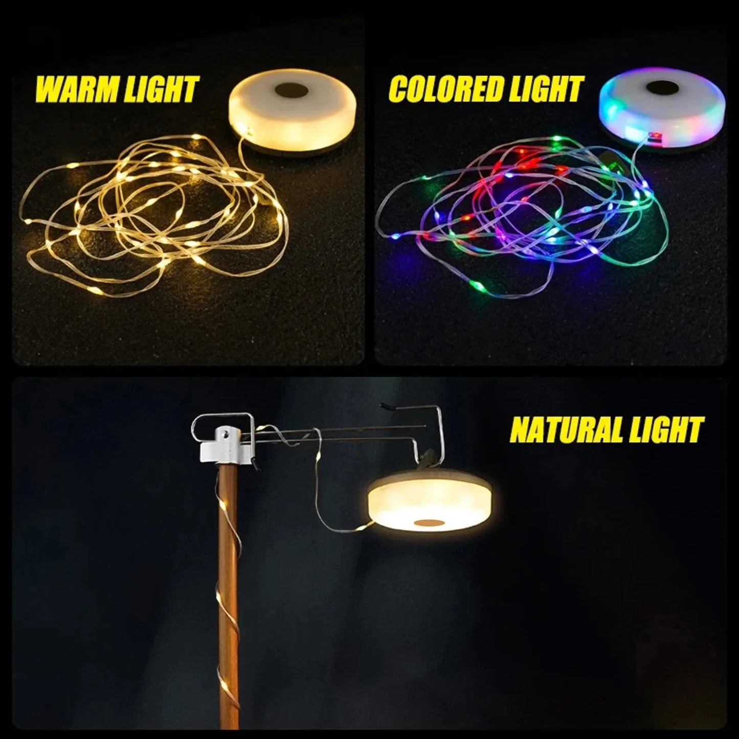 Camping String Lights 2 In1 Outdoor Waterproof Portable Stowable String Light with Lighting Modes USB Camping Lights for Hiking