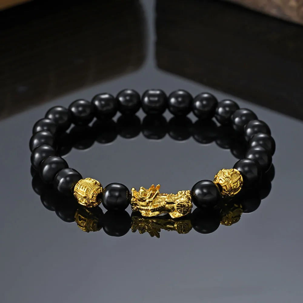 Fengshui Wealth and Luck Bracelet, Feng Shui Black Obsidian Pixiu Wealth Bracelet Prosperity Buddha Beads Elastic Bracelet