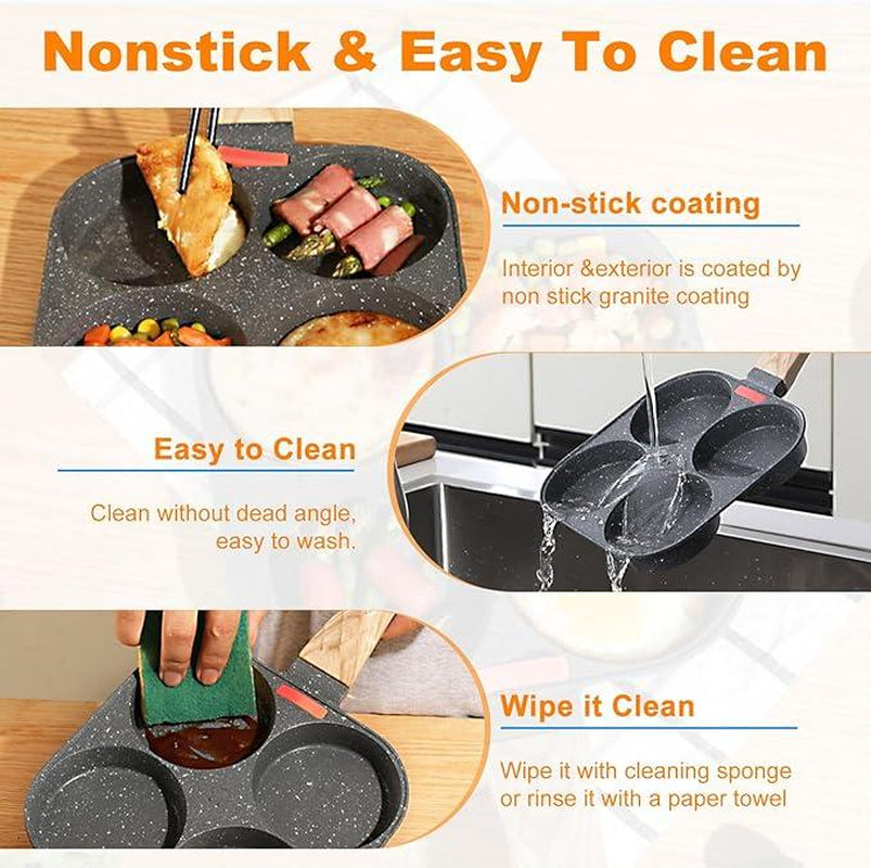 Non-Stick Egg Frying Pan, 4 Holes Skillet with Handle, Multifunctional, Wooden Handle Medical Stone Omelet Non-Stick Cookware Frying Pan