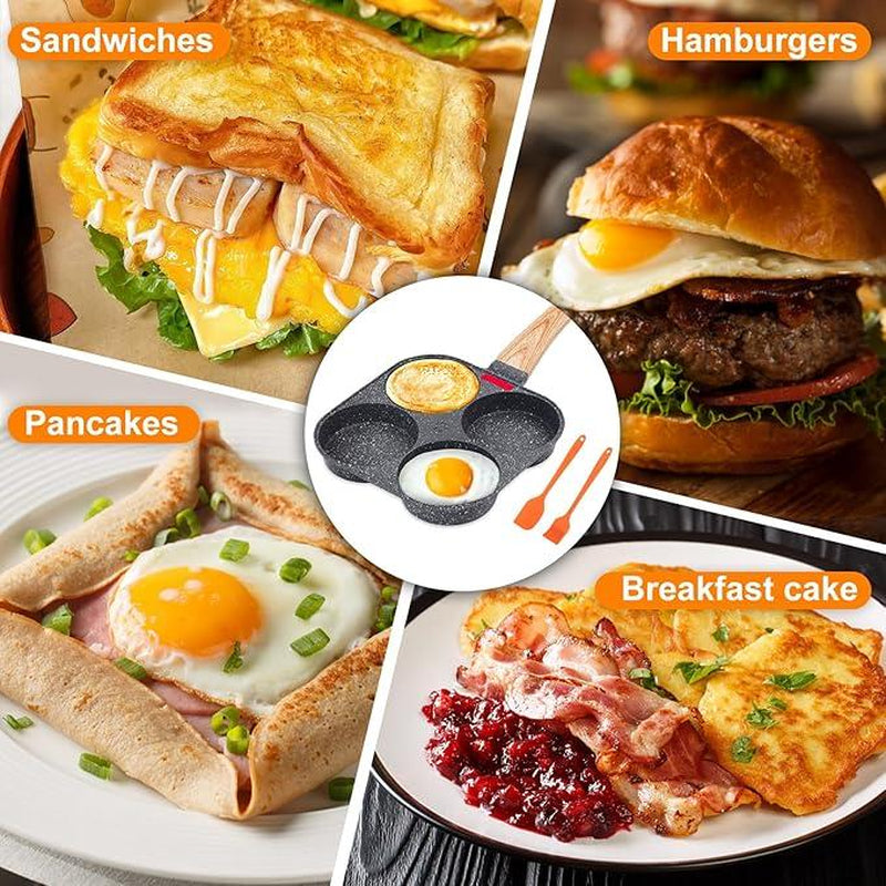 Non-Stick Egg Frying Pan, 4 Holes Skillet with Handle, Multifunctional, Wooden Handle Medical Stone Omelet Non-Stick Cookware Frying Pan