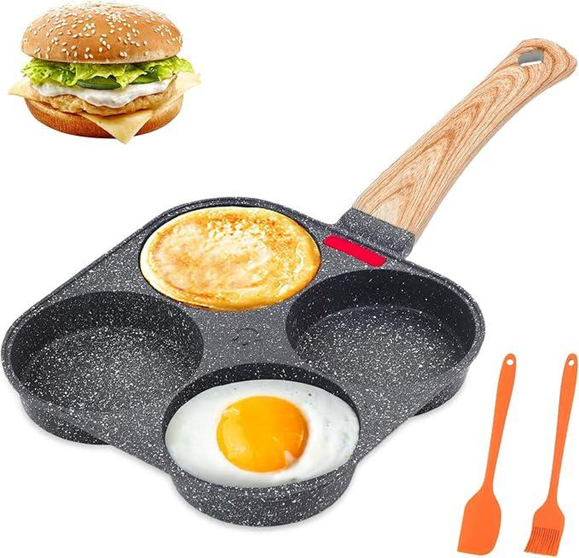 Non-Stick Egg Frying Pan, 4 Holes Skillet with Handle, Multifunctional, Wooden Handle Medical Stone Omelet Non-Stick Cookware Frying Pan