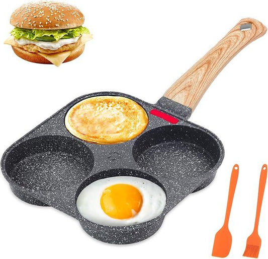Non-Stick Egg Frying Pan, 4 Holes Skillet with Handle, Multifunctional, Wooden Handle Medical Stone Omelet Non-Stick Cookware Frying Pan