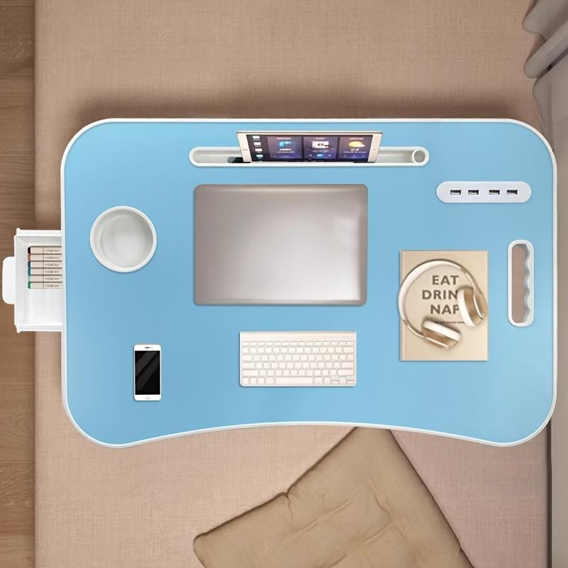 [Line]Ultra Large Portable Laptop Bed Table - Multi Functional Tray Holder with Cup Holder and Drawer, USB, Fan, and Light - Perfect for Eating, Reading, and Writing on Beds, Sofas, Floors - Stable, Durable, and Foldable