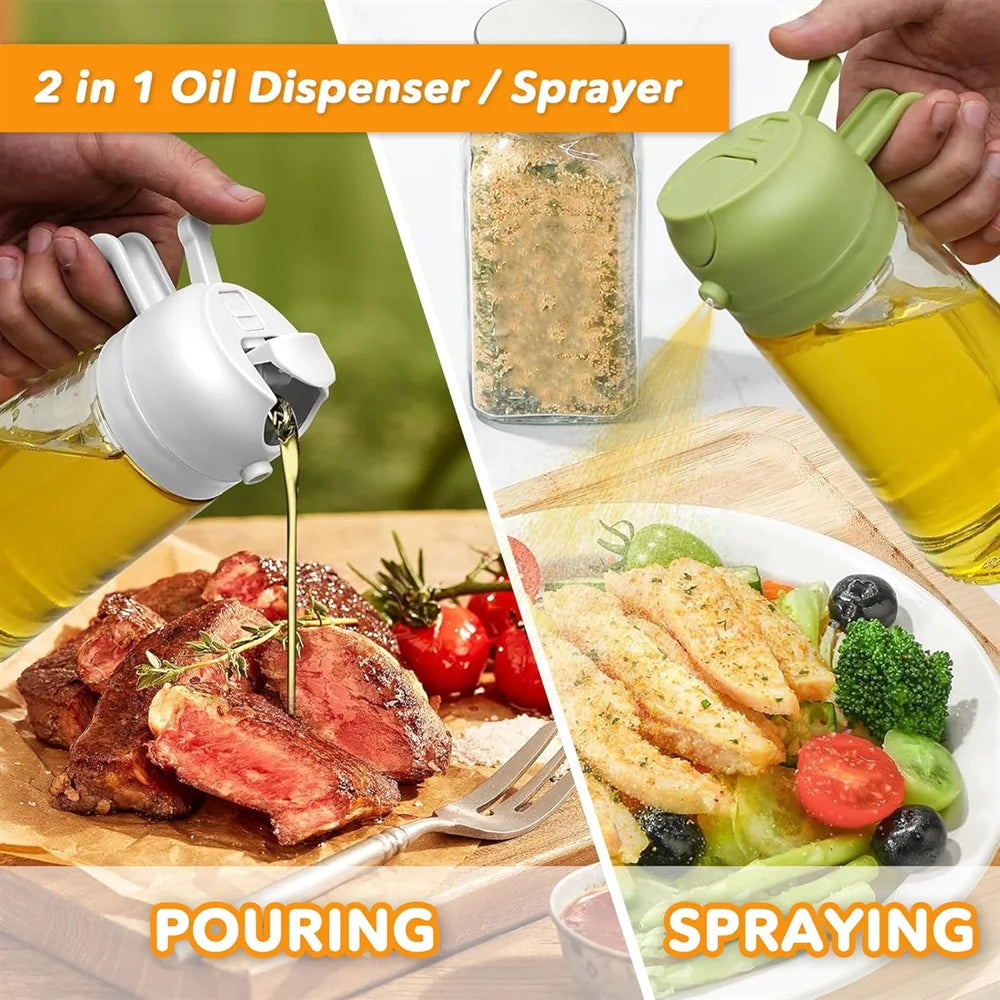 16Oz/470Ml Glass Oil Dispenser with Automatic Flip Lid 2In1 Kitchen Bottle,Cooking Sprayer,Leak-Proof Design,Oil Spray Bottle