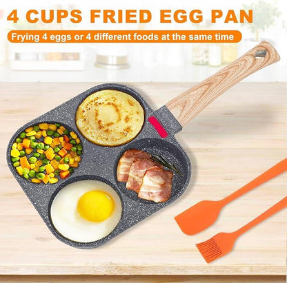 Non-Stick Egg Frying Pan, 4 Holes Skillet with Handle, Multifunctional, Wooden Handle Medical Stone Omelet Non-Stick Cookware Frying Pan