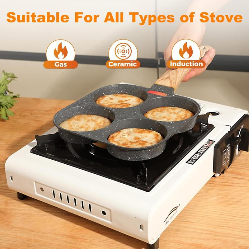 Non-Stick Egg Frying Pan, 4 Holes Skillet with Handle, Multifunctional, Wooden Handle Medical Stone Omelet Non-Stick Cookware Frying Pan